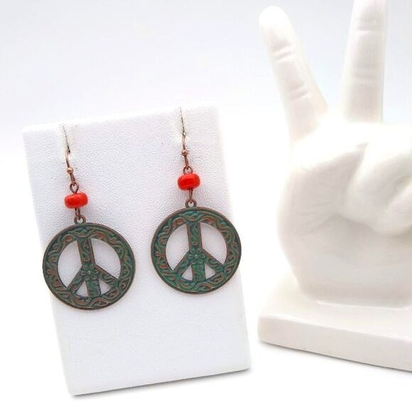 Peace Sign Filigree Patina Earrings - Picture 1 of 4